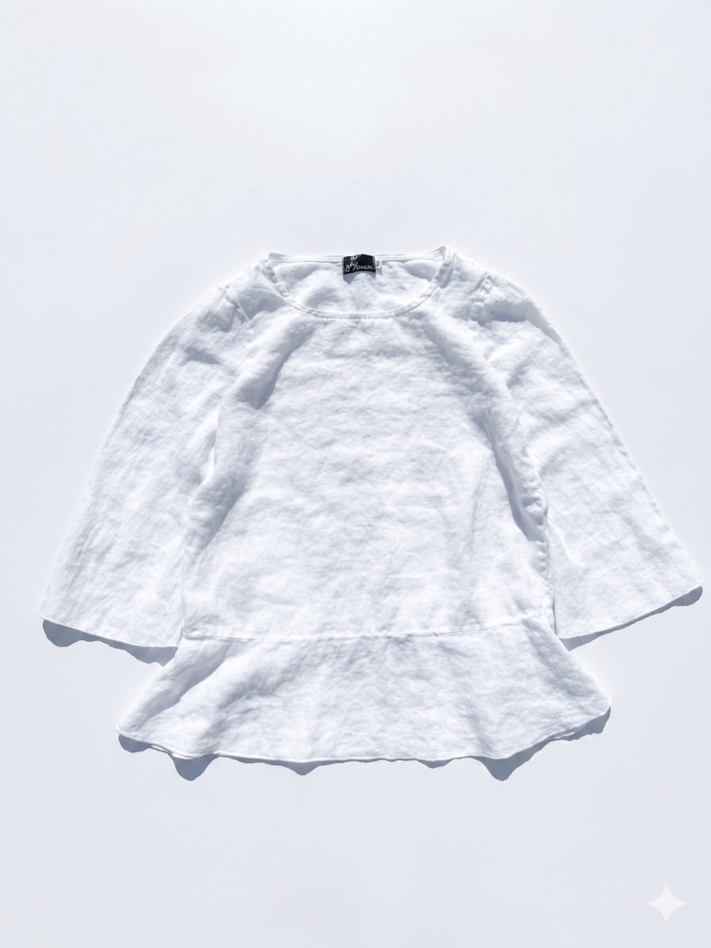 Fenini White 100% Linen Peplum Top Blouse Bell Sleeve High Neck Boho XS